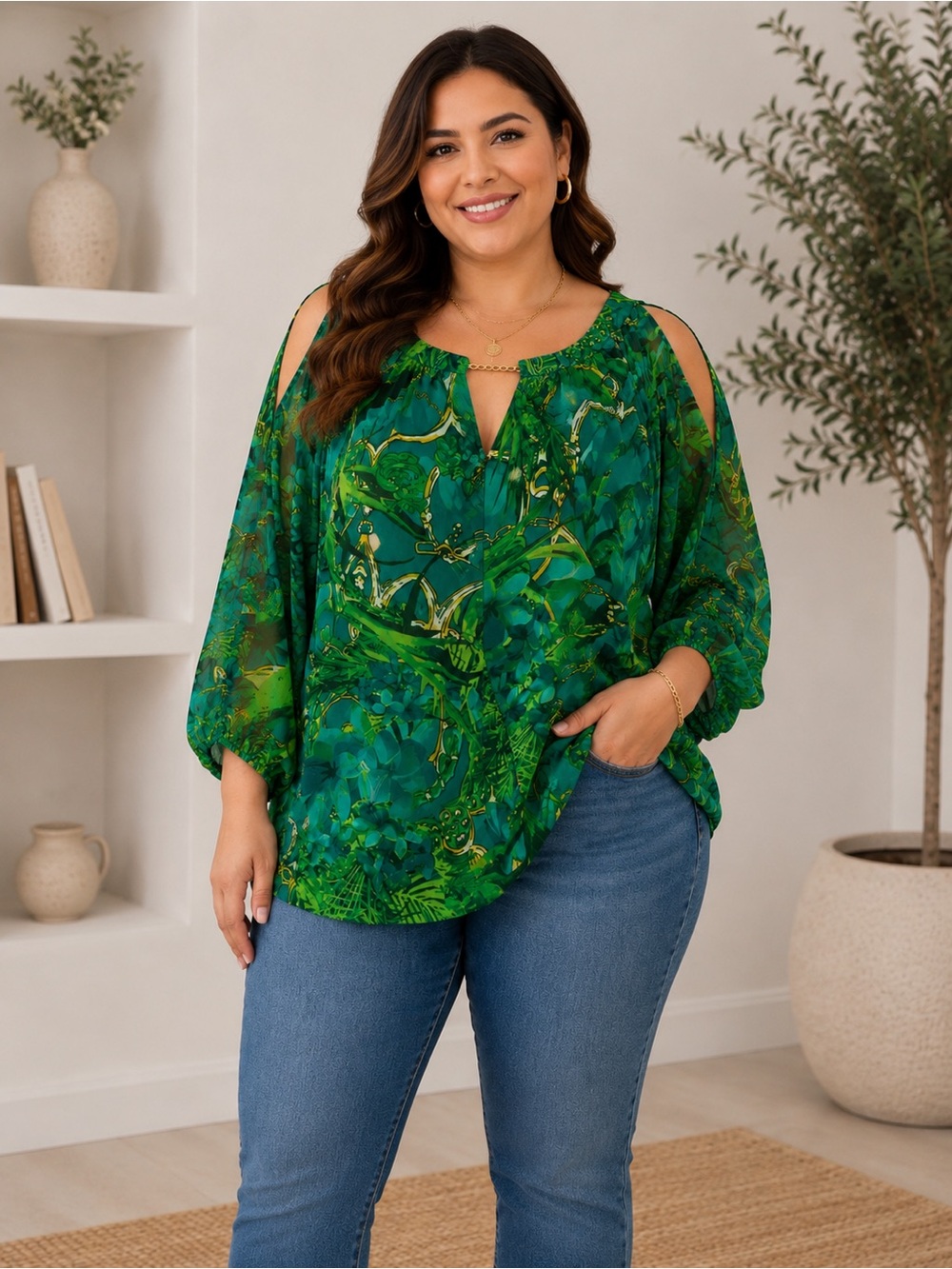 Brand: Jennifer Lopez Green Printed Cold-Shoulder Chiffon Blouse